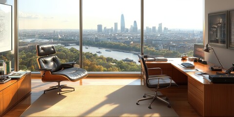 A sophisticated and modern office space with large windows overlooking a stunning urban skyline and river, bathed in natural sunlight