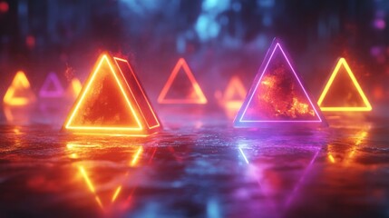 Poster - Glowing neon triangles of various colors stand out against a mist-covered ground. The vibrant hues create a mystical ambiance in this imaginative digital setting, enhancing the ethereal vibe.