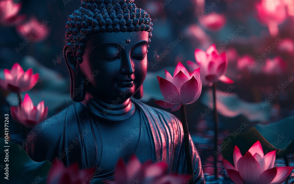 Buddha statue surrounded by vibrant lotus flowers. The image features a ...