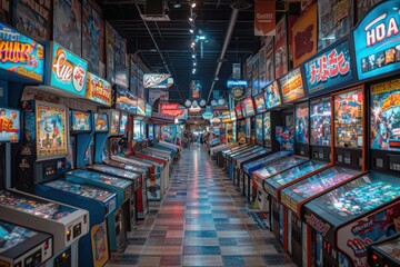 A vibrant and colorful arcade game center filled with pinball machines and classic video games, featuring a well-lit, nostalgic environment with numerous gaming options and posters on the walls