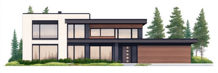 Modern Two Story Home with Wood Siding and Large Windows, Set Against a Lush Green Background