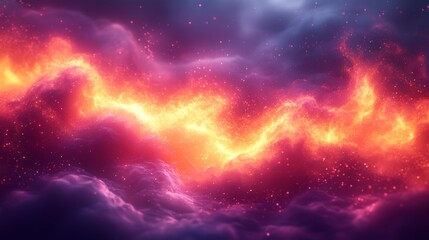 Poster - Vibrant clouds in shades of purple and orange swirl with fiery flames and glimmering sparkles, creating a stunning sky at sunset.