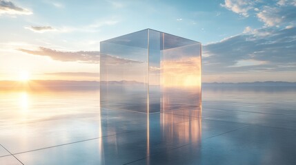 Poster - A clear cube stands prominently on a reflective surface, capturing the warm hues of a sunset. The distant mountains enhance the tranquil atmosphere, creating a striking visual contrast.