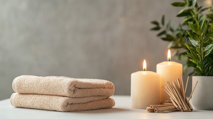 Poster - Two fluffy towels are lying on a table next to two burning candles and a green plant, creating a relaxing atmosphere for a spa treatment