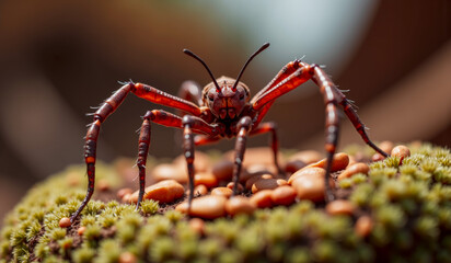 Wall Mural - a large spider with a red face is on a plant