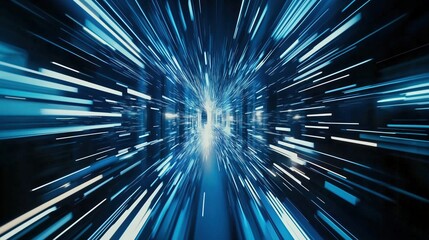 Fototapete - Abstract futuristic digital technology background featuring high-speed blue light lines and glowing effects. The dynamic design represents data transfer and high-tech innovation in motion, resembling 