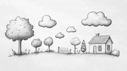 Poster - Delicate pencil sketches portray fluffy clouds, leafy trees, and a charming house in a serene natural environment. Generative AI