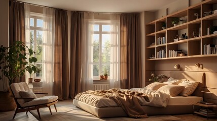 A corner of cozy bedroom or living room at home. Bedroom with window, bed, pillows, bookshelf. Very cute cozy interior design, romantic dim lighting, sun morning lighting. Browns and beiges colors.