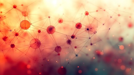 Poster - Colorful digital artwork features interconnected spheres in red and orange hues against a soft gradient background, representing a network design.