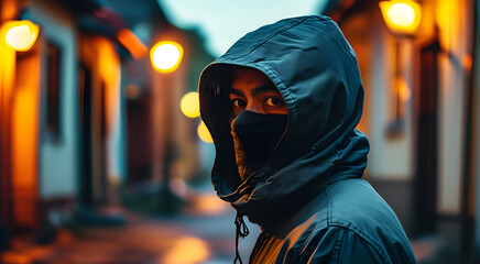 A male robber, a masked bandit, against the background of illuminated residential buildings. Robbery, a crime of committing illegal acts.