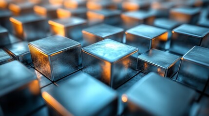 Poster - Shiny metallic cubes are closely arranged in a grid, reflecting warm light from various angles, creating an intriguing visual effect in a modern environment.