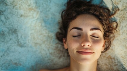 Poster - Woman lies down, eyes closed, fully embracing relaxation in a serene spa. The luxury atmosphere promotes self care and balance in a busy lifestyle