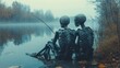 © artzone - Two skeletons fishing by a foggy river in autumn.