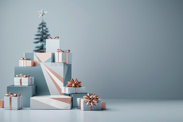 Wall Mural - christmas art postcard, christmas modern decor art tree and gifts, new year banner, podium decor com