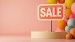 © nongnuch - A vibrant sale sign stands out against a pastel background, surrounded by colorful balloons, creating an inviting and festive atmosphere.