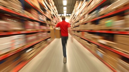 Dynamic warehouse scene: worker lifting box amidst blurred shelves for logistics and storage concept.