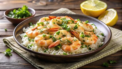 Wall Mural - Delicious shrimp scampi with butter, garlic, parsley, and rice