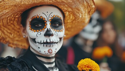 A person with intricate sugar skull makeup and a decorative hat holds a vibrant flower, celebrating Día de los Muertos.