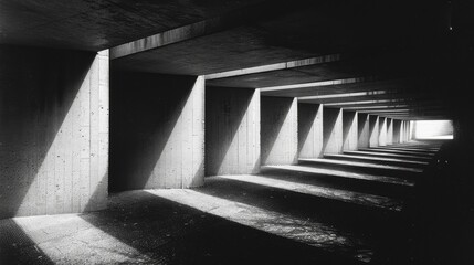 A captivating photograph capturing the interplay of light and shadow in a geometric tunnel, creating a mesmerizing pattern that draws the viewer's eye through its vanishing point