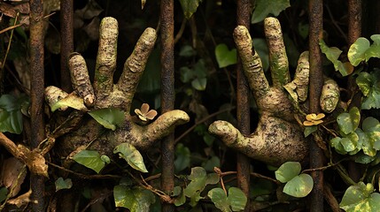 two mossy hands reach through rusted bars, entwined by green vines and a small butterfly.