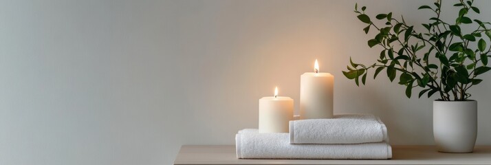 Poster - Two burning candles are standing on a stack of white towels next to a green plant, creating a relaxing atmosphere for a spa treatment