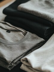 Aufkleber - A collection of minimalist sportswear folded with care on a smooth table, perfect for athletic activities or relaxed dressing. Generative AI