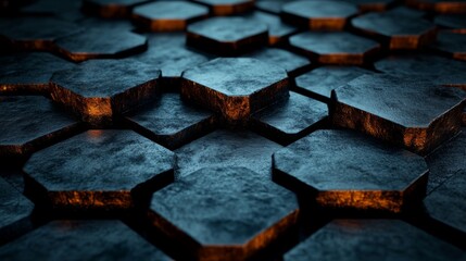 Leinwandbilder - The composition features dark hexagonal tiles arranged in a geometric pattern, with soft lighting highlighting their textured surfaces, creating a dramatic visual effect.