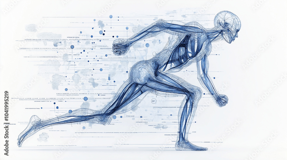 A blueprint of a human body in motion, showing muscle contractions and ...