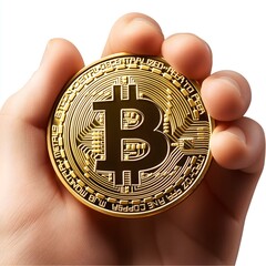 A hand firmly grips a shiny bitcoin coin, symbolizing finance and digital currency investment in modern economic markets