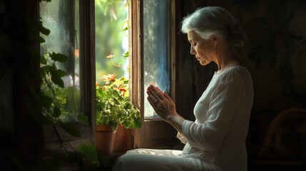 Wall Mural - Elderly Woman in Prayer. Beautiful senior woman sitting on the windowsill and praying.