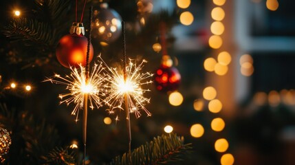 Festive Decorations with Sparklers and Christmas Tree