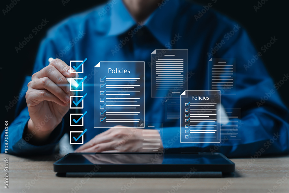 Policy Inspector Checklist online document practices and policies concept, Businesswomen ...