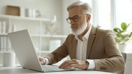 Bearded man businessman in a modern office workspace in a suit working on his laptop