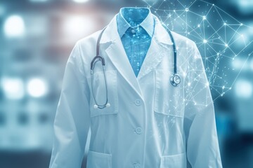 Wall Mural - A doctor's lab coat and stethoscope in a modern medical environment with digital connections