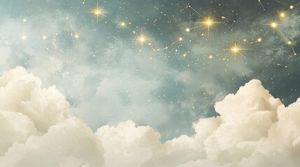 Wall Mural - a mystical night sky with glowing gold stars and constellations, set against gentle watercolor cloud
