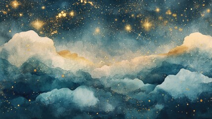 Poster - A mystical night sky with glowing gold stars and constellations, set against gentle watercolor clouds for an ethereal, magical vibe.