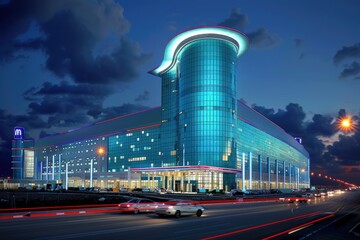 An extravagant modern architectural marvel featuring a sprawling glass facade that dominates the cityscape against a dramatic twilight backdrop