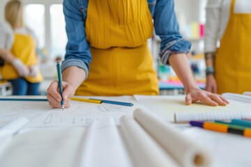 Person in yellow apron drawing on architectural blueprint with pencils, focused on creative design process in bright workspace.