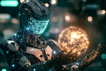 Wall Mural - futuristic robot holding glowing digital globe in high-tech environment