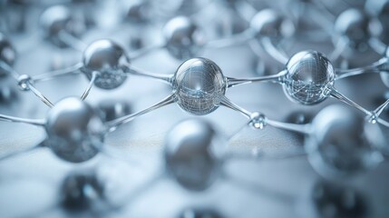 Poster - A detailed exploration of metallic spheres linked by fine wires, showcasing the intricate structure of molecules often studied in scientific research settings.