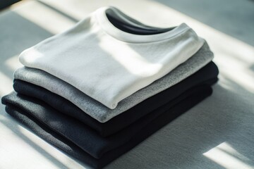 Leinwandbilder - Minimalist sportswear is arranged neatly in a stack on a smooth table, illuminated by natural light streaming through a nearby window. Generative AI