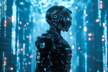 Wall Mural - futuristic cybernetic robot with digital blue neon lights in data center environment
