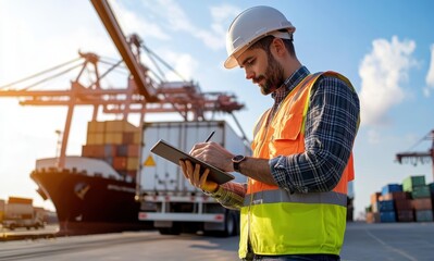 A man in a safety vest and hard hat writes on a clipboard at a bustling shipping port, surrounded by containers and machinery, highlighting logistics and safety protocols.