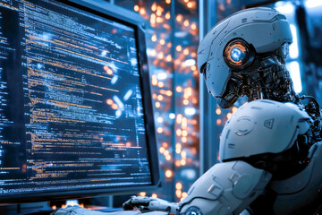 Wall Mural - futuristic robot analyzing complex code in high-tech environment