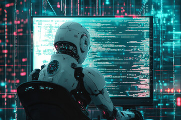 Wall Mural - artificial intelligence robot analyzing cybersecurity data on computer screen in futuristic digital 
