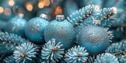 A festive and enchanting close-up of blue glittery Christmas ornaments adorning a frosted pine branch with twinkling lights in the background