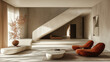 © SASI   SPACE - White minimalistic Concrete architectural interior of living room with beautiful light and shadow, sleek modern home design with red accent comfy lounge chairs for design backdrop and copy space