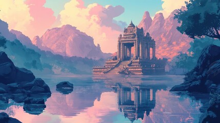 Poster - Dilapidated temple reflected in a lake surrounded by mountains under a pastel sunrise sky