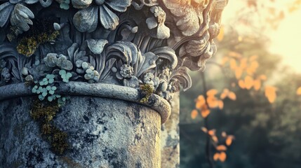 Wall Mural - Close-up of weathered column with floral carvings and moss gently lit by morning sunlight