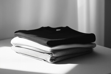 Aufkleber - Soft colors of folded minimalist sportswear are arranged neatly on a smooth table, showcasing an organized and stylish workout setup. Generative AI